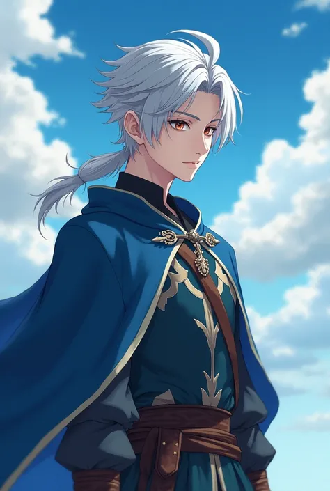 medieval man, 20 years old、 silver hair, Distinctive hairstyles、solo, Lively、  granblue fantasy、Outdoor,  Cinematic Angle , Asymmetrical hairstyle, masterpiece, Best Quality,  very aesthetic, Sky and clouds background、 ultra high resolution、Realistic、Asian...