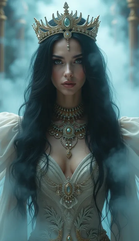  A breathtaking beautiful queen , beautiful expressive eyes  , long wavy black hair fallen like a waterfall,  queen out of a fog ,very elaborate,many luxurious jewels  