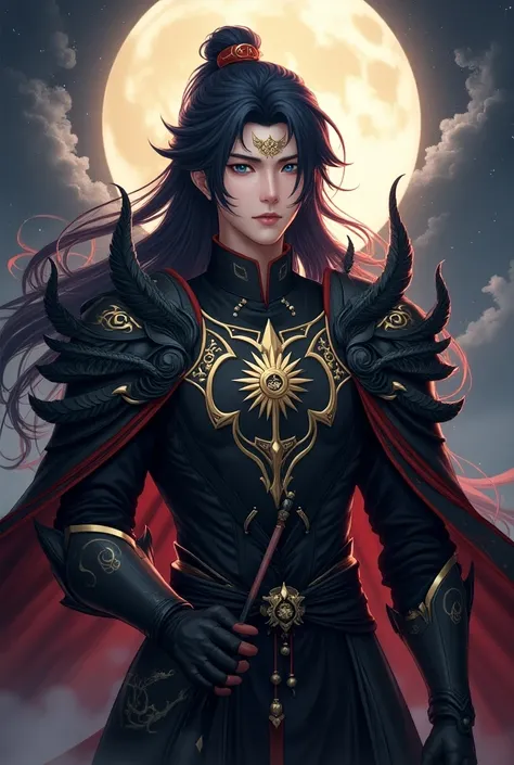 Handsome young  xianxia protagonist,Chinese handsome,clear face detailed,perfect lighting,guy,man,long black obsidian hair, dark Phoenix crown,blue light eyes combination ,and long black tint hair,and the golden rune motiv  engraved on his forehead,use arm...