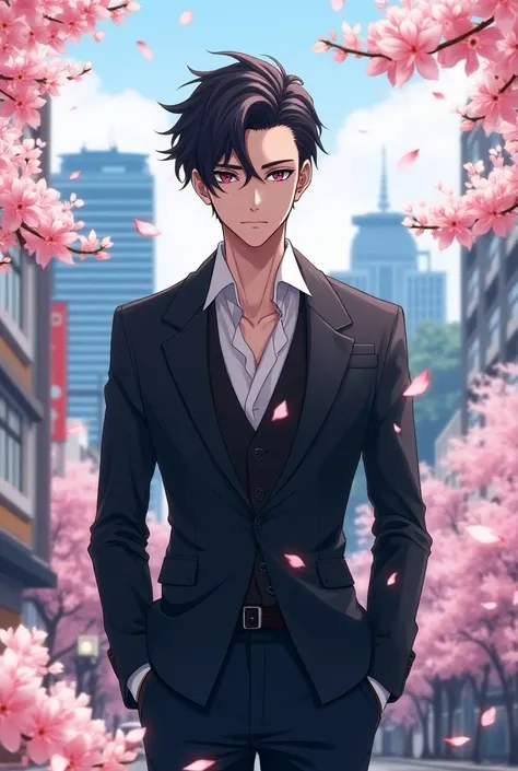 Handsome Anime guy   in tokyo with alot  of        sakura flowers
