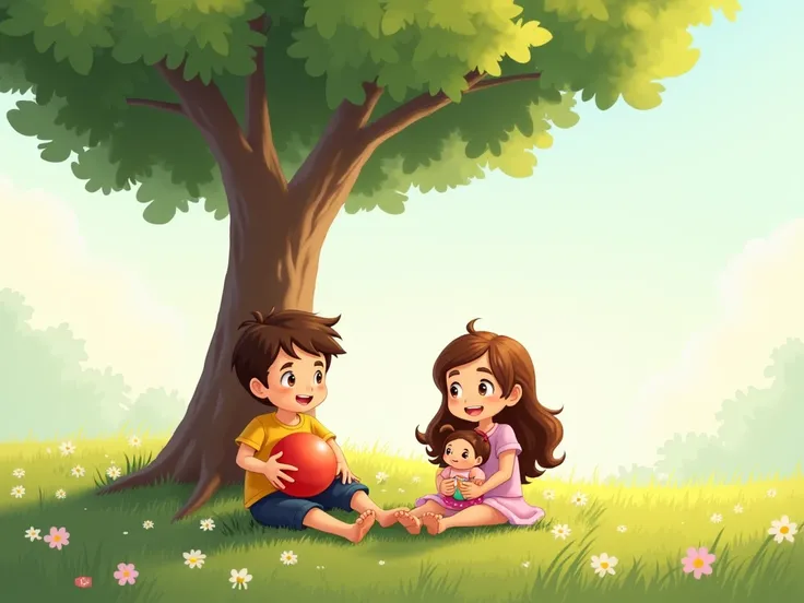 One boy and one girl are sitting under a tree in a sunny park. They boy call Leo is holding a bright red ball, and the girl called Mia is holding her doll. There’s green grass, flowers, and a gentle blue sky in the background, creating a cheerful setting.