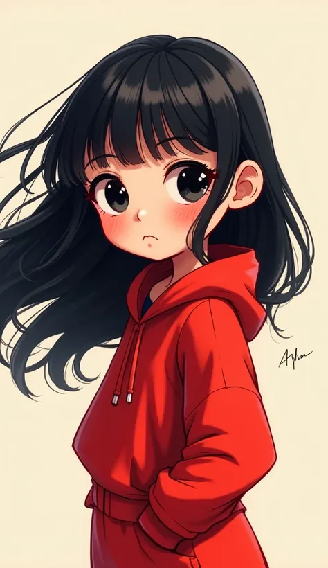 digital drawing type ,  a cartoon of a girl dressed in red, black eyes and black hair, her eyes are big and shiny 