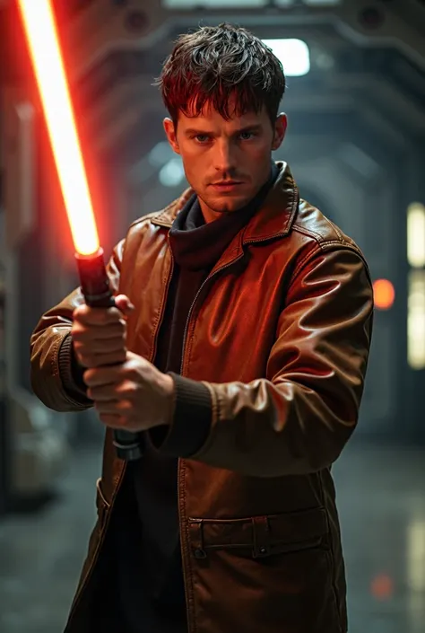 Create a hyper-realistic,  in her hand, a highly detailed photo.  Star Wars poster .  A young man in a brown leather jacket with a long collar is standing in a fighting pose.  short hairstyle. Under the jacket, a black bib .  serious face .  A black glowin...