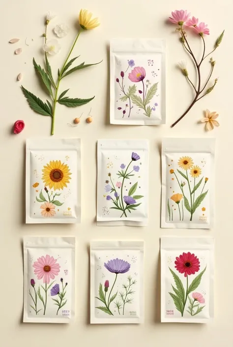 "Create a modern, minimalist, and eco-friendly packaging design for flower seed products, specifically sunflower, butterfly pea, cosmos, and carnation seeds. Each package should feature unique colors and illustrations related to the specific flower type, u...