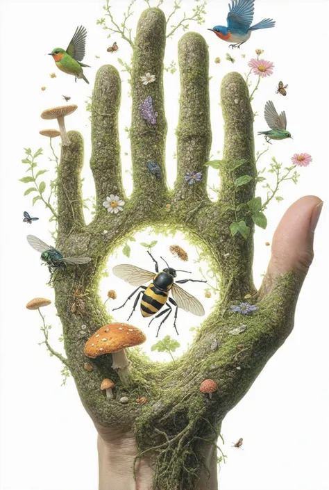 An artistic and highly detailed illustration of a human hand holding a diverse collection of biological organisms. The organisms, including vibrant birds, bees, beetles, green frogs, medicinal plants, ornamental flowers, and an array of edible mushrooms, a...