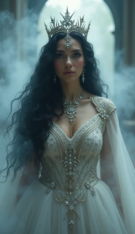  A breathtaking beautiful queen , beautiful expressive eyes  , long wavy black hair fallen like a waterfall,  queen out of a fog ,very elaborate,many luxurious jewels  