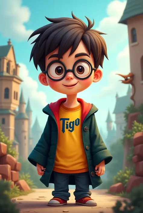 Harry Potter wearing a Tigo shirt in a cartoon
