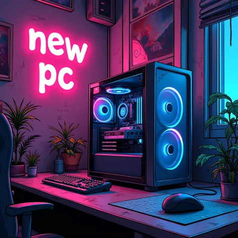 Comic stil, Comic background,  font “new PC”, gaming pc, neon lights, rgb lighting , 