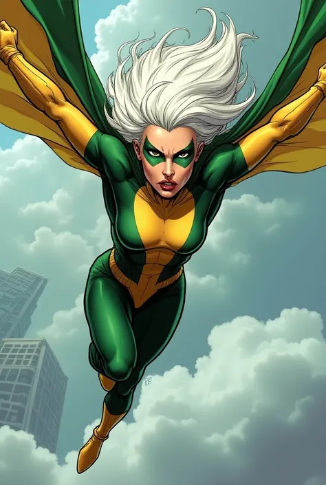 a comic book image of Rogue flying in the sky