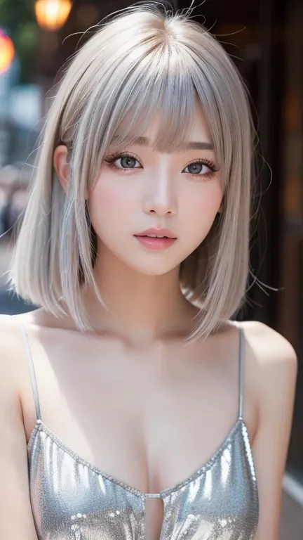 Best Quality, 8k, ,masterpiece :1.3)),  facing the viewer ,((Whole body 1.2)) ,Beautiful woman,  wide shot , 1 girl, , Cafe,, Bob,  Silver Hair , bangs, super detailed face, High definition lips,  detail eyes , double eyelid