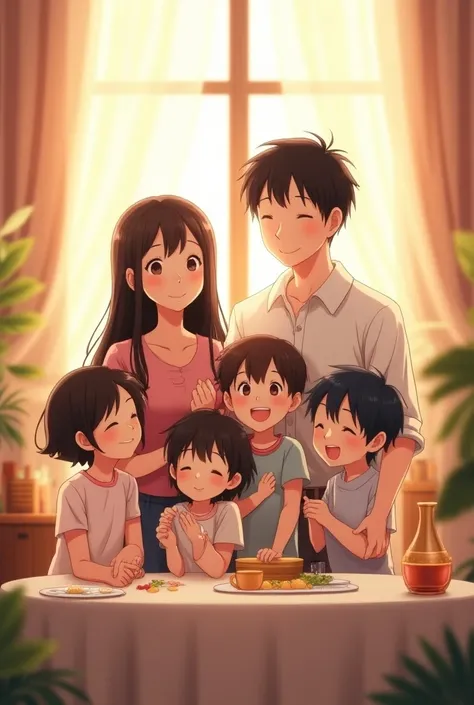  Anime-style image of a family of six, four s ,  two girls and two boys with their parents ,  the mother wears dark brown hair  