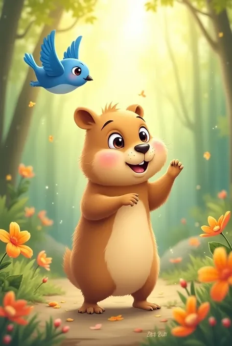  create a cuddly capybara with big eyes with an animated and caricaturized style that is in the middle of the forest illuminated by sunlight and surrounded by beautiful flowers, Let the style be watercolor type . And that the capybara is dancing and the li...