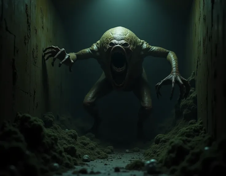 a deformed creature with long limbs and a twisted mouth, inside a basement.