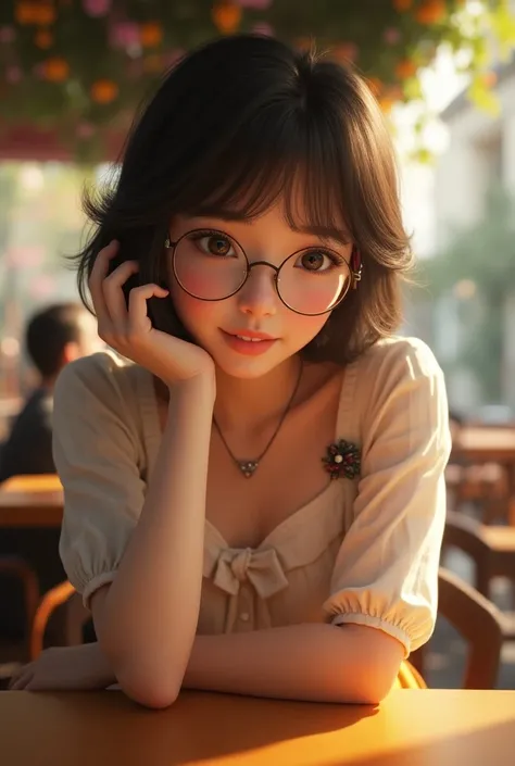 (( cafe theme )).(( Very detailed and beautiful splendor )), ((  Cute figures with slightly raised fangs .)), (( Skirt {x} A girl drinking coffee at a cafe table {x} Im fascinated by the image of a girl wearing round rimmed glasses {x} Im fascinated by the...