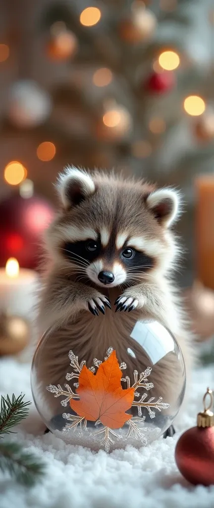 A photograph of a cute, extra fluffy baby raccoon sitting on a transparent snowflake. Inside the snowflake is an autumn leaf. In the background, there are Christmas light bulbs, a branch of a Christmas tree, a large Christmas ball, candles, and clear photo...