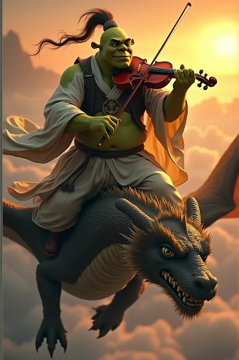  Make an image of the character Shrek , Muscles, playing violin,  atop a dragon and dressed in the clothes of a wise man/Taoist . at a sunset