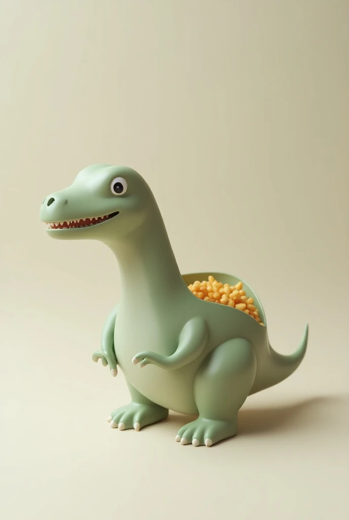 I want an image of a dinosaur shaped container that is empty on the back and in which snacks fall on it that is something real and you also have your plate where sauces go