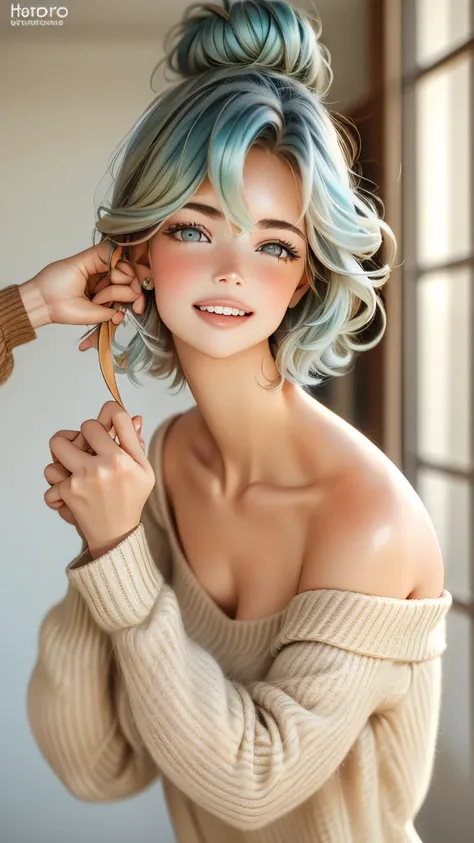 1 girl, gorgeous slender woman, wavy extremely short messy blue and green colored hair pulled up into a bun, off-shoulder soft knit cyan colored sweater dress, nothing underneath, standing straight, hands on her crotch, extremely short pixie cut, Undercut,...