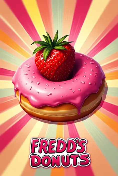  creates a strawberry donut in a pop art style with a background with stripes towards the center, that has a logo of the brand Fredds Donuts  
