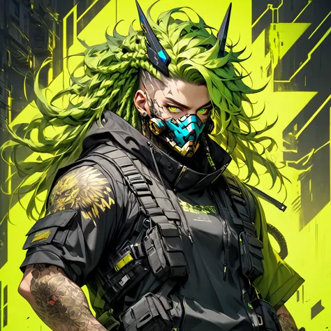 cyborg, 1_man_cyberpunk_2077, barghest, neon yellow and black techwear, cyberpunk backdrop, neongreen dreadlocks, golden skullmask over his mouth, neongreen eyes, tattoos on lower arms, bulky
