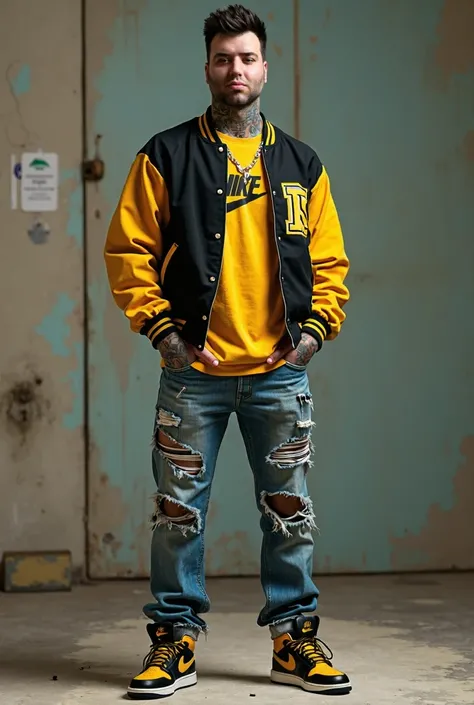 Tattooed boy ,  ripped jeans , Nike Air sneakers yellow ,  symbol black university bomber jacket with yellow sleeves,  yellow t-shirt with Nike , gold cord around the neck ,  yellow and black sneakers Nike , Foto realista 