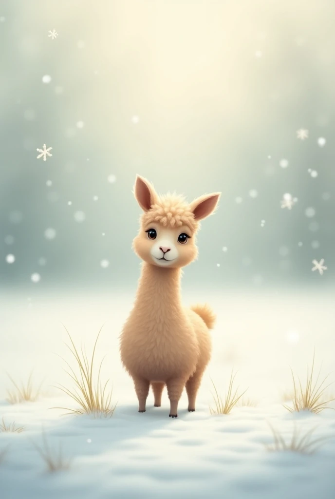 create an image with a cute baby llama in a field of winter