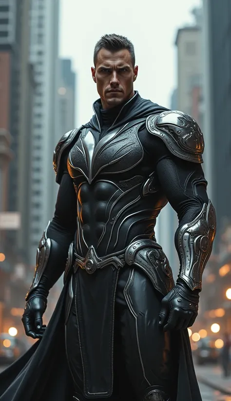 A superhero wearing leather armor adorned with chrome