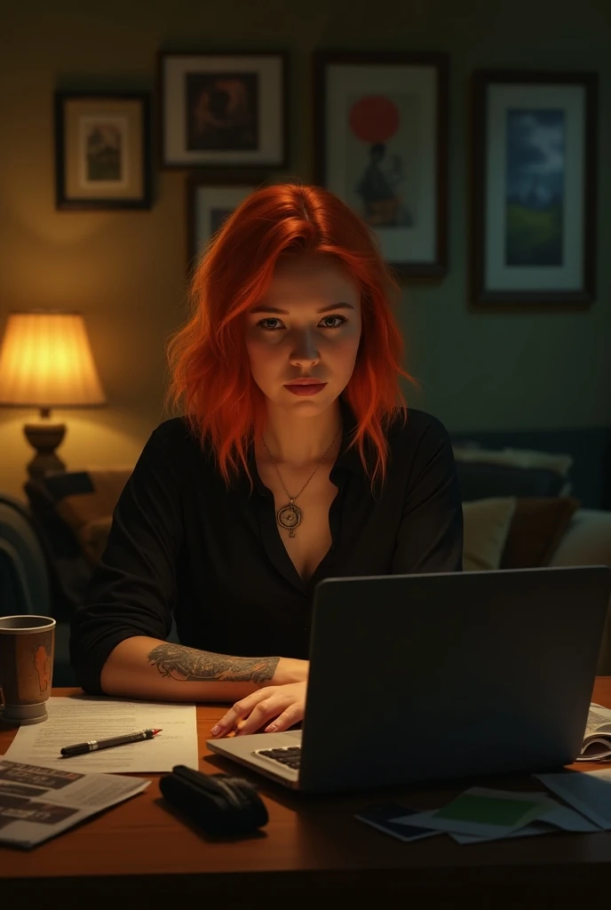 Photorealistic cinematic acrylic paint,a young woman with big orange hair ,  sitting at a table with a laptop looking at the camera  .  She has tattoos on her arms and is wearing a black blouse..  The room was dimly lit .,  with lights that emit warm light...