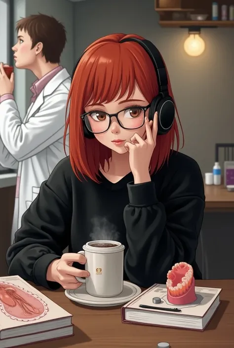 Mid length red haired girl with glasses and nose piercing, she is at a cafe, she is a dentistry university student, there is a white science coat on the background, there is a soup bar and a couple dentistry equipment with anatomy and dentistry book on the...