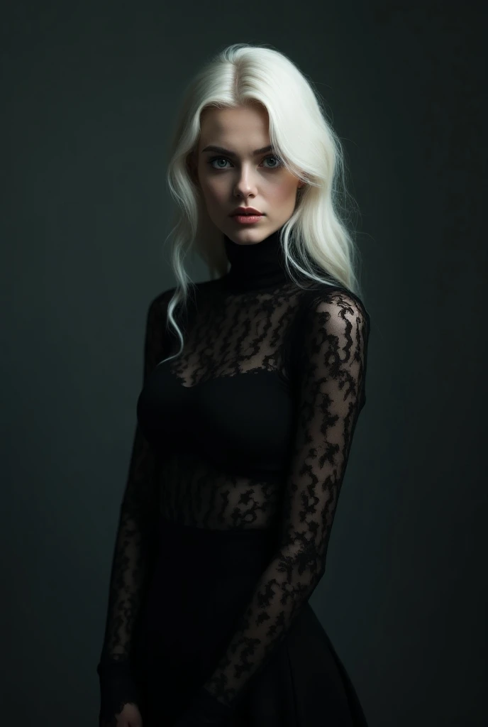 25yo caucasian female, pearl white hair,black lace turtleneck, black skirt 