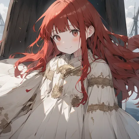 A sweet and pretty girl of medium height with long red hair and light brown eyes. A slender figure, a smile on her face, she stands on the deck of a ship and in her hands is a map of the world. White fog in the background