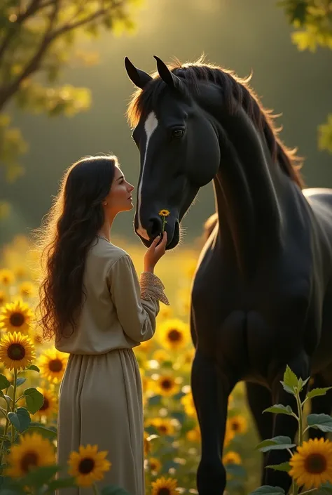 Um homIn.In. a black Arabian horse close to a woman with wavy hair dress and jacket . He hands her a sunflower 