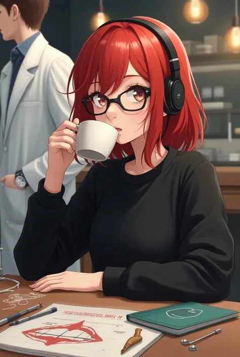 Realistic image of Mid length red haired girl with glasses and nose piercing, she is at a cafe, she is a dentistry university student, there is a white science coat on the background, there is a soup bar and a couple dentistry equipment with anatomy and de...