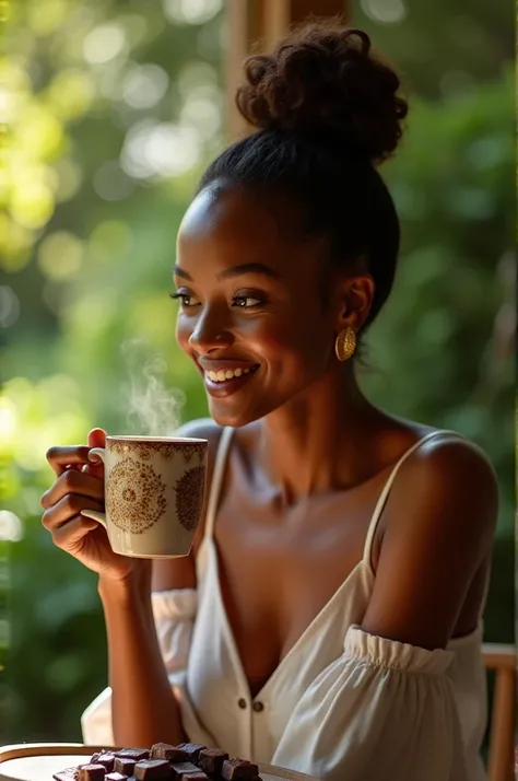 I want to create a photo of a black woman in the outdoors drinking coffee and eating chocolate and the brand is dinkinesh this is for a coffee
And chocolate producing company. I can download the logo of the brand 