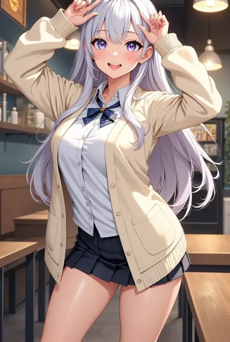  1 girl, Shes a cute schoolgirl  ,   The cream colored cardigan has extra sleeves,   white shirt ,   ribbon with design  ,   mini skirt,   small breasts,   beautiful long silvery white hair  ,   Healthy Thighs, Detailed depiction of thighs, Her beautiful, ...