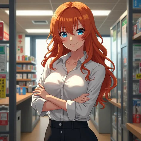 Hot mature anime woman, curvy body, long wavy orange hair, sky narrow blue eyes, mischievous smirk, white buttoned long sleeve shirt, black fit slacks, convenience store office background, arms crossed