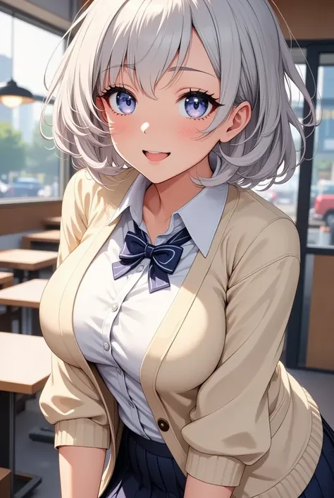  1 girl, Shes a cute schoolgirl  ,   The cream colored cardigan has extra sleeves,   white shirt ,   ribbon with design  ,   mini skirt,   small breasts,   beautiful long silvery white hair  ,   Healthy Thighs, Detailed depiction of thighs, Her beautiful, ...