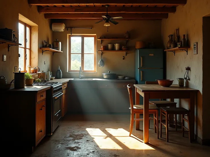 Interior of a kitchen in a small modest house in a village in Angola. Simple furniture and humble environment , Theater scenery,  the characters dont appear.