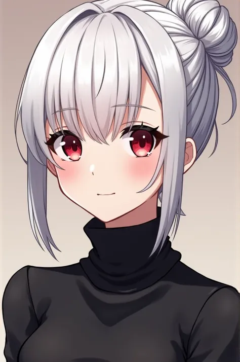 Anime around 18 years old white hair in a bun red eyes in a black turtleneck side bangs In portrait style