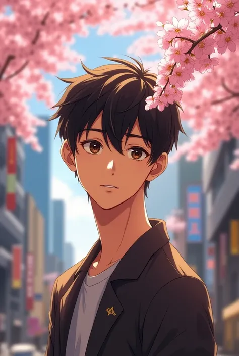 Anime cute guy with dark tan skin and dark Brown eyes in korea seoul city with alot of sakura flowers