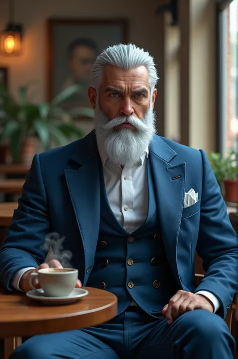 Draw the character Sub Zero of Mortal Kombat X with a formal costume and a thick beard sitting in a cafe 