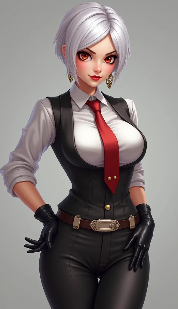 Ashe is a character in the computer game overwatch, a beautiful girl, 28 years old, beautiful face, beautiful eyes, pupils of the eyes are red in red, eyebrows are black, eyelashes are dyed black, Ashe hair is cut short in white, an earring in the form of ...