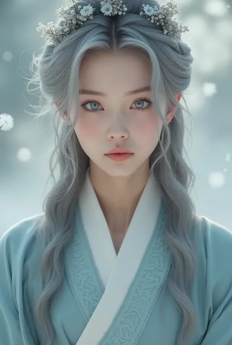 Create the image of a girl,  silver hair , HD, realistic, 4K, Taoist clothing , grayish blue eyes, 18 years old, imagem realistic