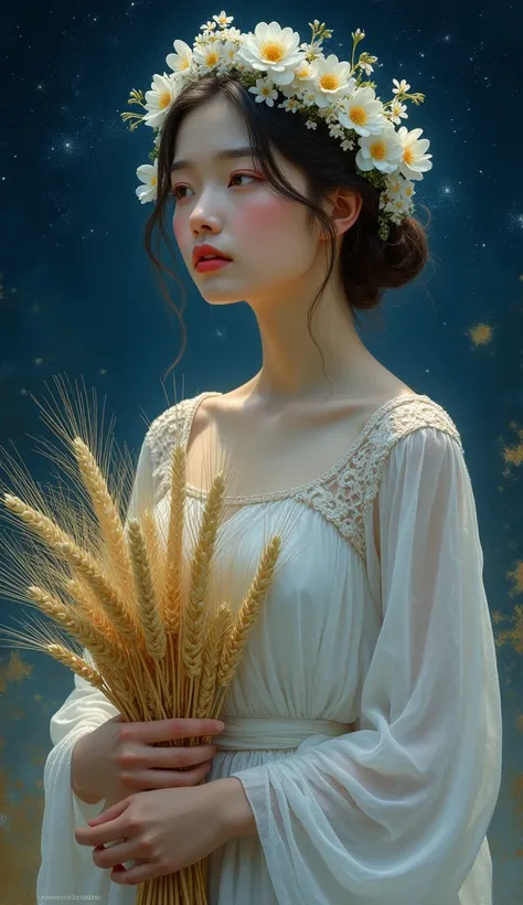 " Portrait of a young woman with a wreath of white flowers and an introspective expression.  She is under a night sky filled with bright stars , holding a bundle of wheat ,  symbolizing purity and connection with nature .  The scene has a magical and tranq...