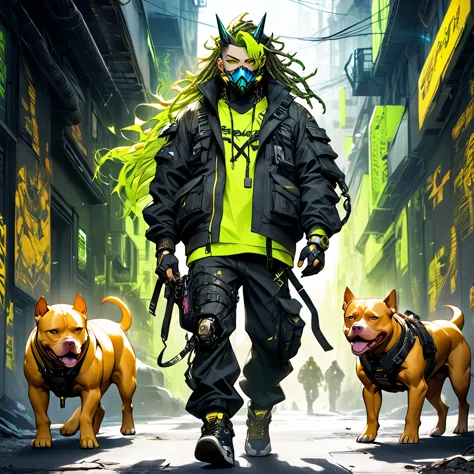 cyborg, 1_man_cyberpunk_2077, barghest, neon yellow and black techwear, cyberpunk backdrop, neongreen dreadlocks, golden skullma...