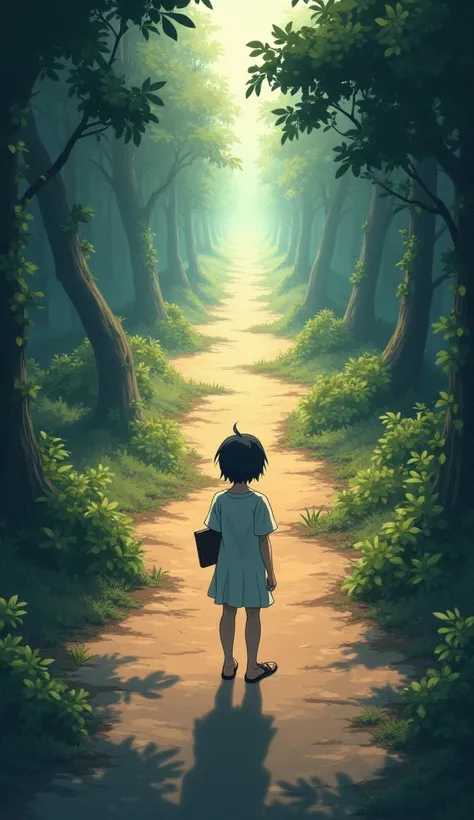 Anime scene of a character surrounded by paths, some dim and thorny, others bright and inviting, with them choosing the light-filled path while reading the Bible.