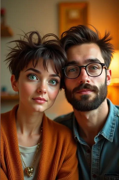 Couple where the woman have short hairy and green eyes and man have short Brown hairy, mustache and glasses