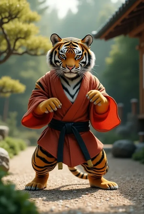 Create an image of a tiger wearing a kimono training karate 