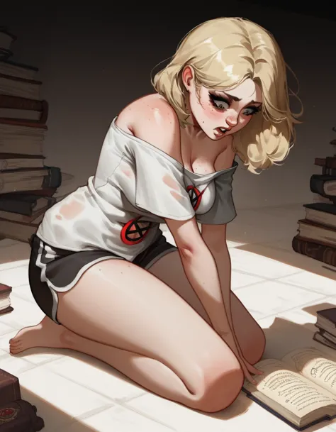 oil painting of a sexy teen girl in oversized shirt and boxershorts, score_9up, score_8up, closeup, bent over, kneeling on bedro...