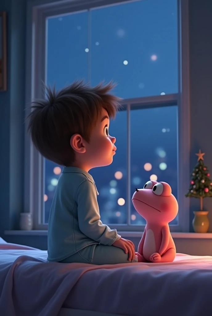 create an image of a big light-colored boy with brown hair ,dressed in pajamas.  The boy is sitting next to a frog that is pink and has a small size .  Both characters are looking backwards towards a large window on Christmas night  , the whole image is se...